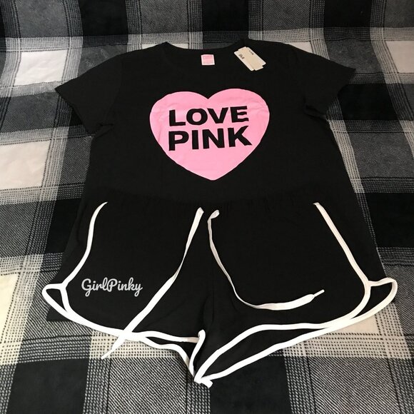 VS PINK BLACK COTTON MODAL MICRO SHORTS & ORIGINAL BLACK CAMPUS HEART TEE MEDIUM - Picture 4 of 9